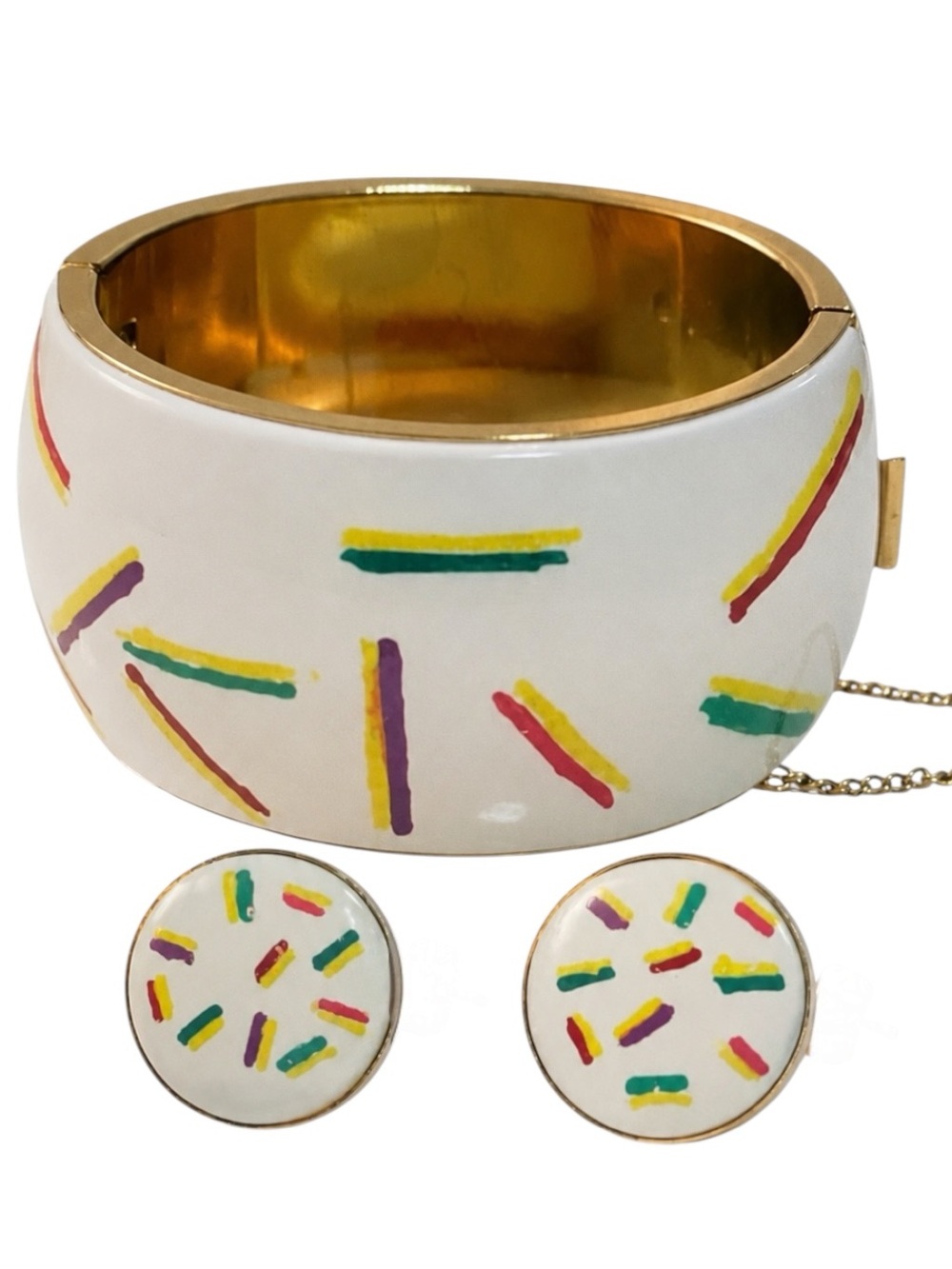 Vintage 80's Memphis Style Enamel Jewelry Set Bracelet & Earrings